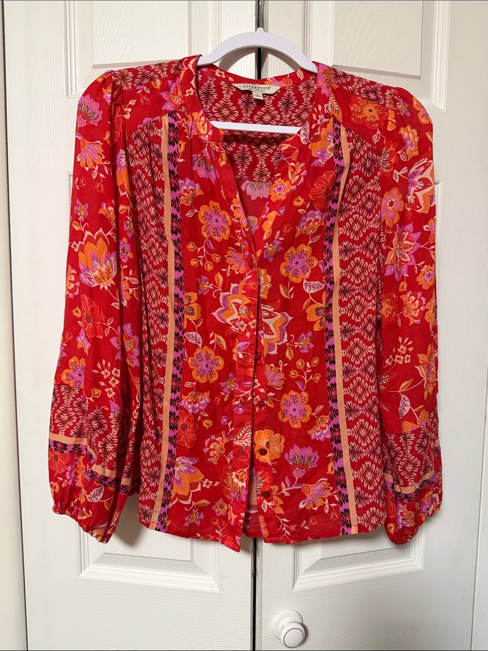 Red Floral light weight shirt. Can be worn open like a Cardigan.